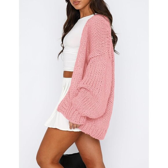 Womens Trendy Cardigan Sweaters Pink Long Sleeve Chunky Knit Outfits - Picture 4 of 8